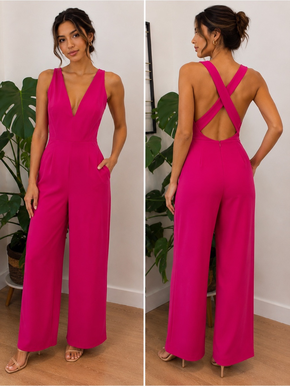 Fuchsia V-Neck Sleeveless Jumpsuit with Crossback